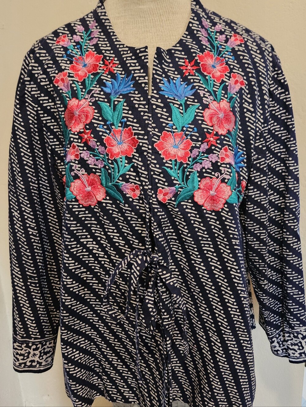 Navy Floral Embroidered Cotton Kimono Jacket Boho Tie-Front Layering Top